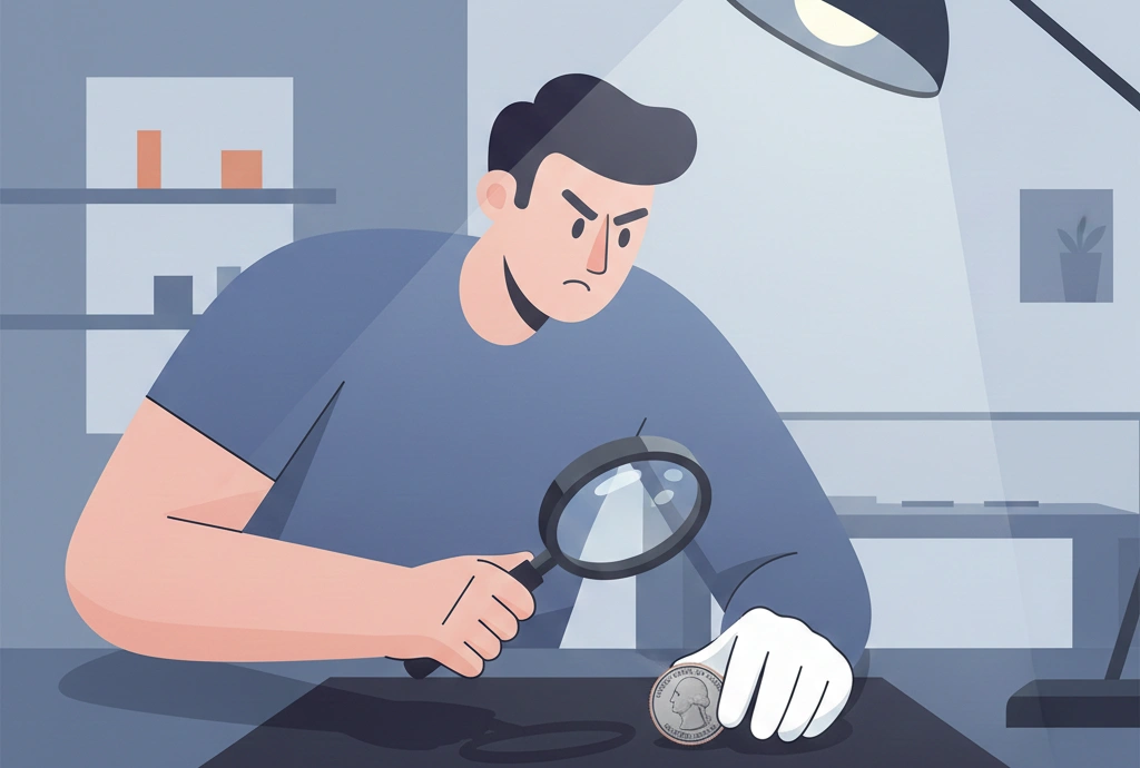 A collector inspecting a 1978 quarter with no mint mark under bright light