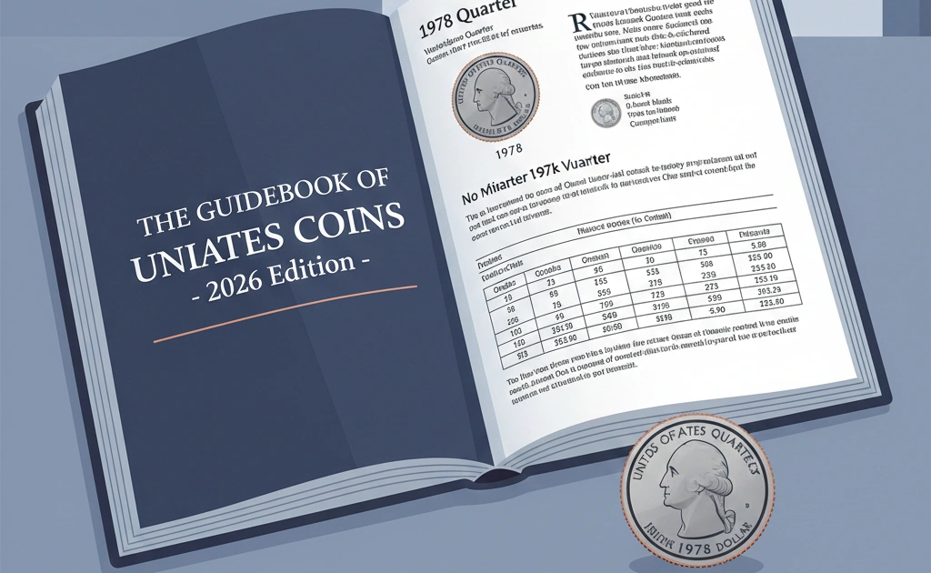 A coin reference book open beside a 1978 quarter no mint mark