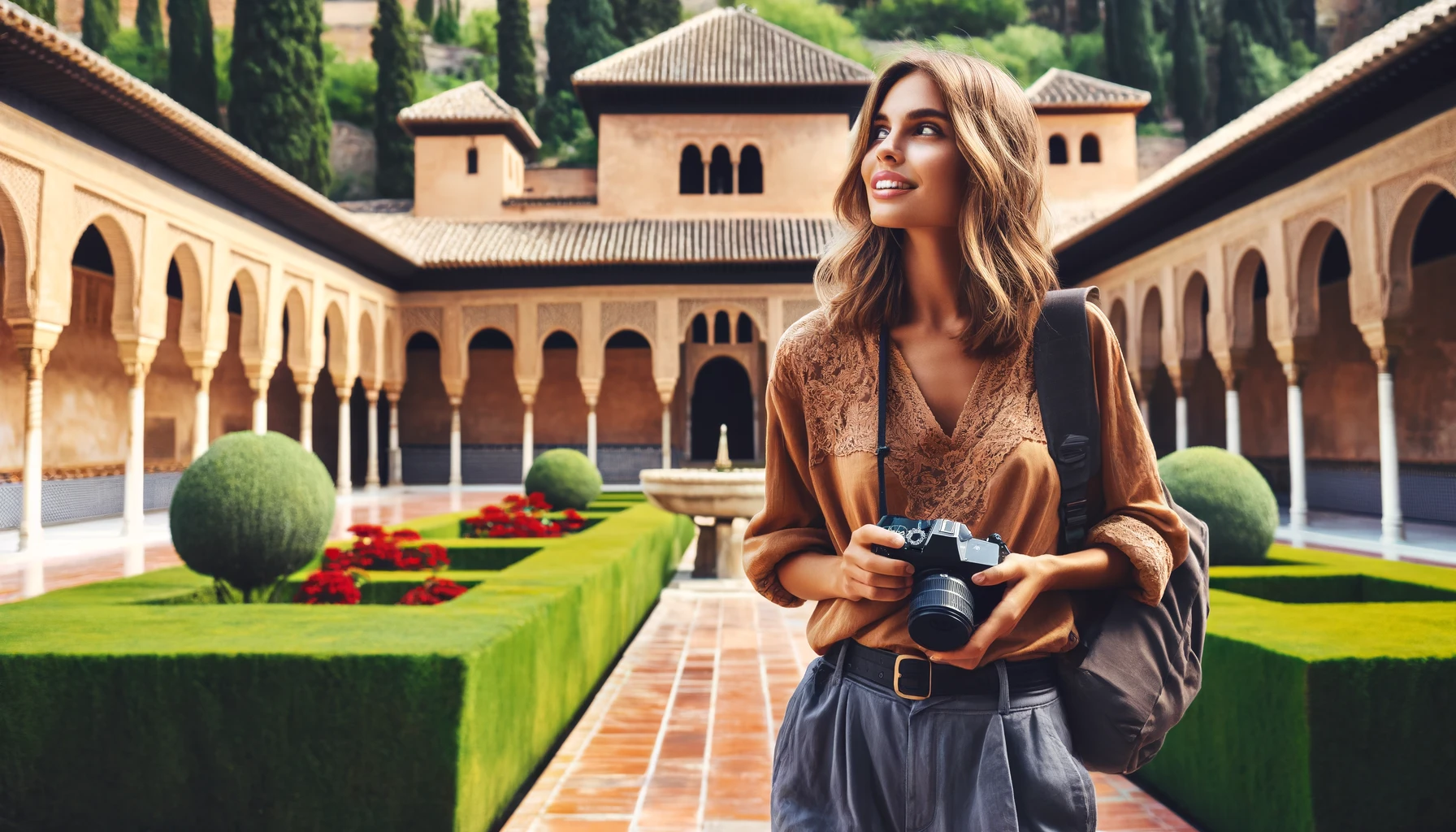 An attractive woman traveler exploring the Alhambra in Spain