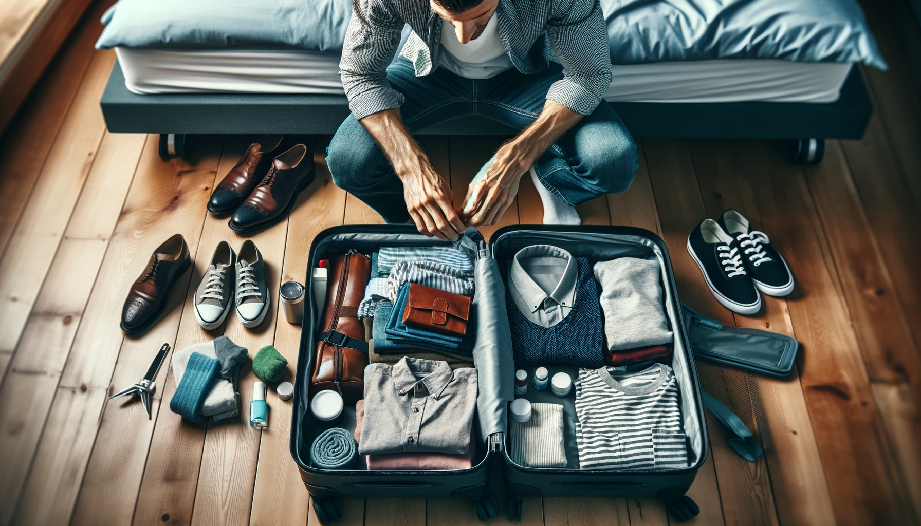 An unrecognizable man packing a suitcase for traveling