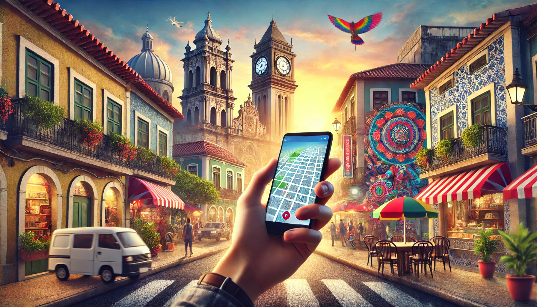 A person is exploring a bright cultural city during his recovery period using a smartphone for navigation.