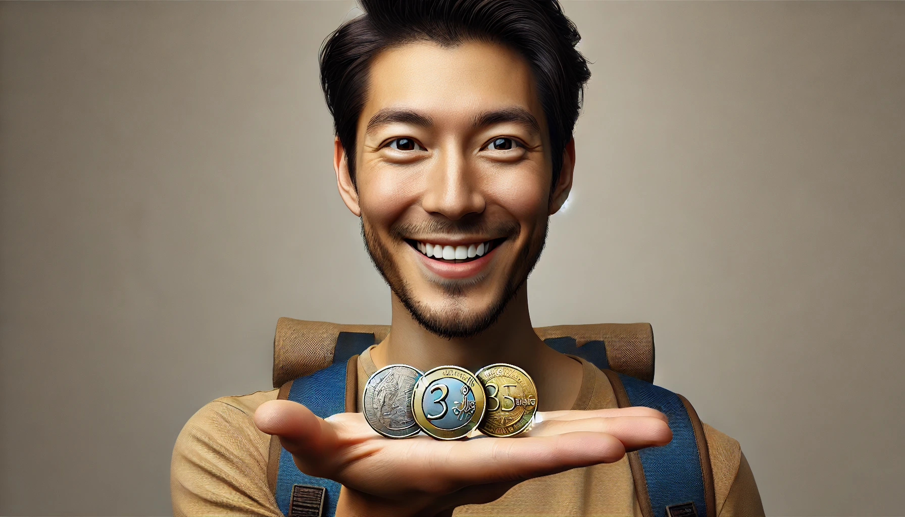 A happy tourist is holding three foreign coins in the palm of his hand, brought as a souvenir.