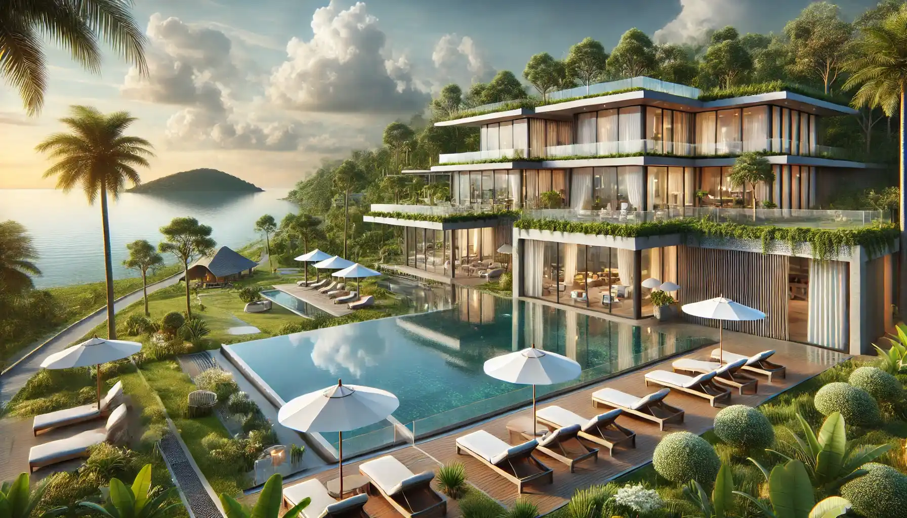 a serene modern medical facility situated in a picturesque travel destination. The facility features state-of-the-art architecture with large glass windows, surrounded by lush greenery and overlooking a tranquil ocean.