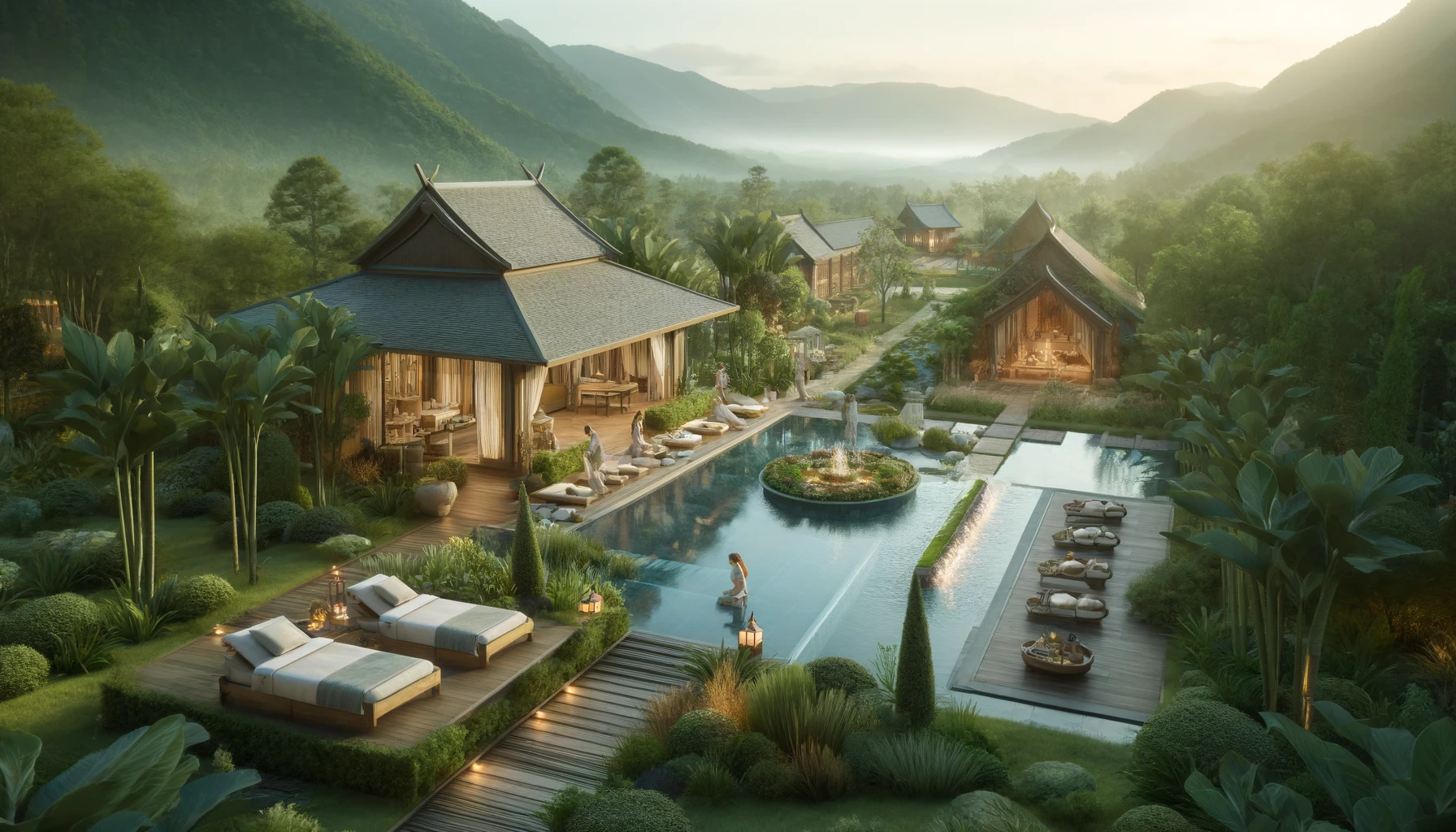 A serene health and wellness retreat nestled in nature, featuring a luxurious spa with a variety of treatments including massages and aromatherapy.