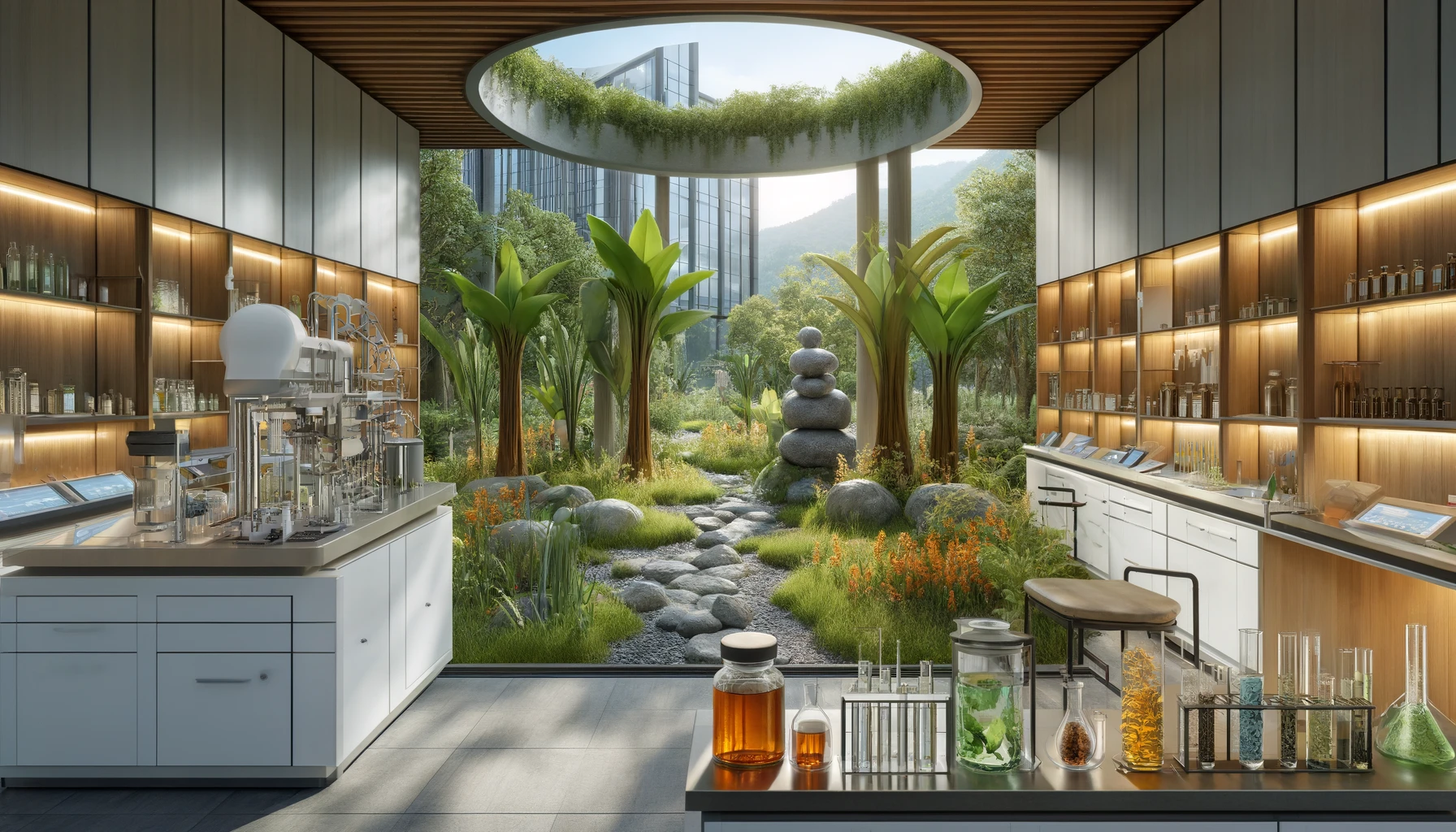 A modern healthcare facility integrating traditional herbal medicine, featuring a blend of ancient wisdom and advanced scientific validation.