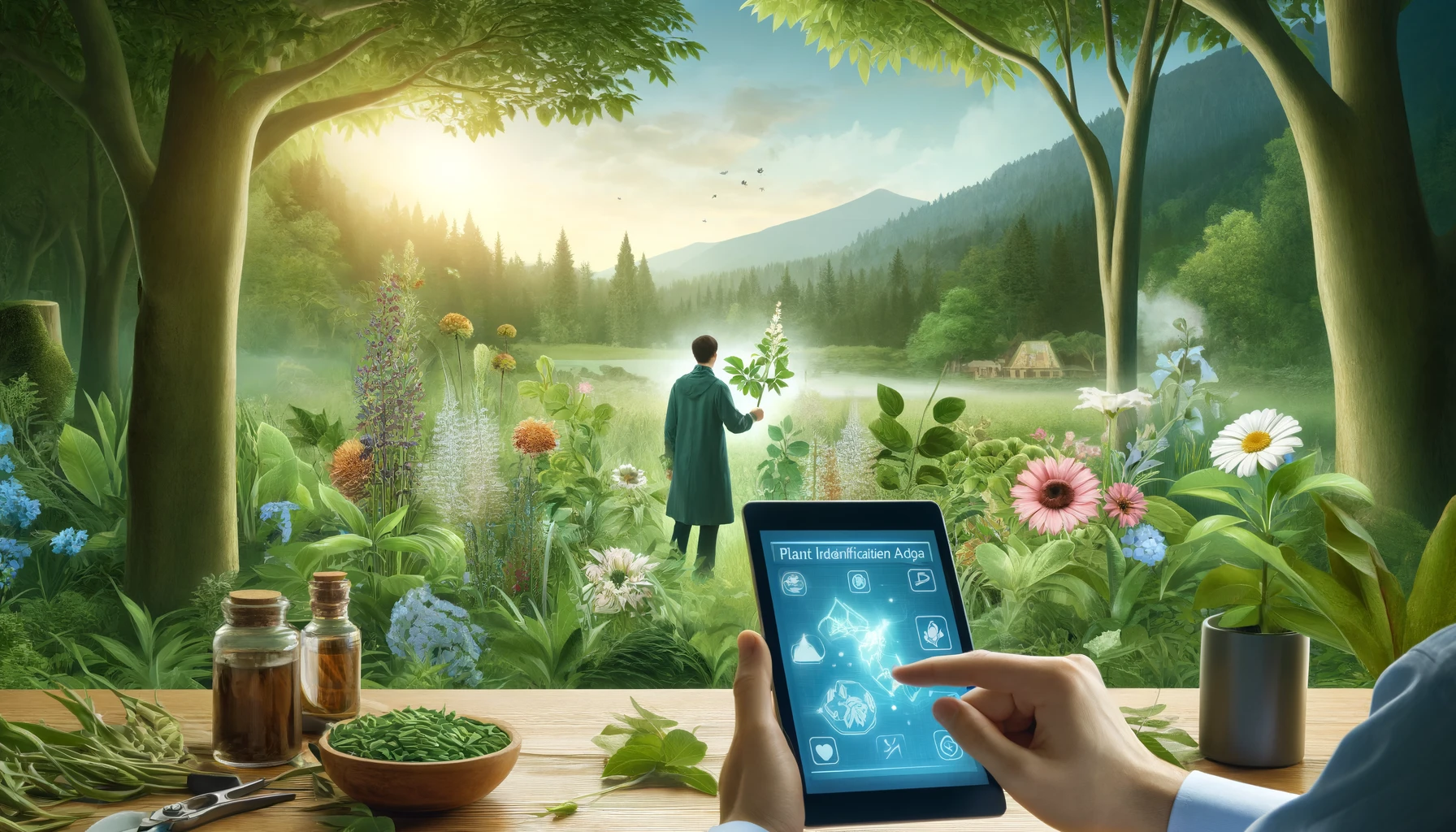 A serene natural landscape with a variety of medicinal plants, featuring a person using a plant identification app to discover healing plants.