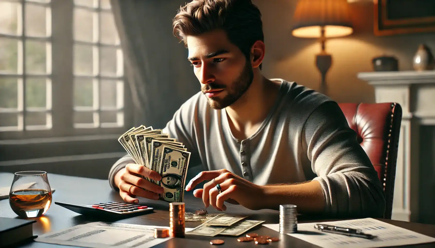 A man is sitting at a table, carefully counting his money for a medical trip.