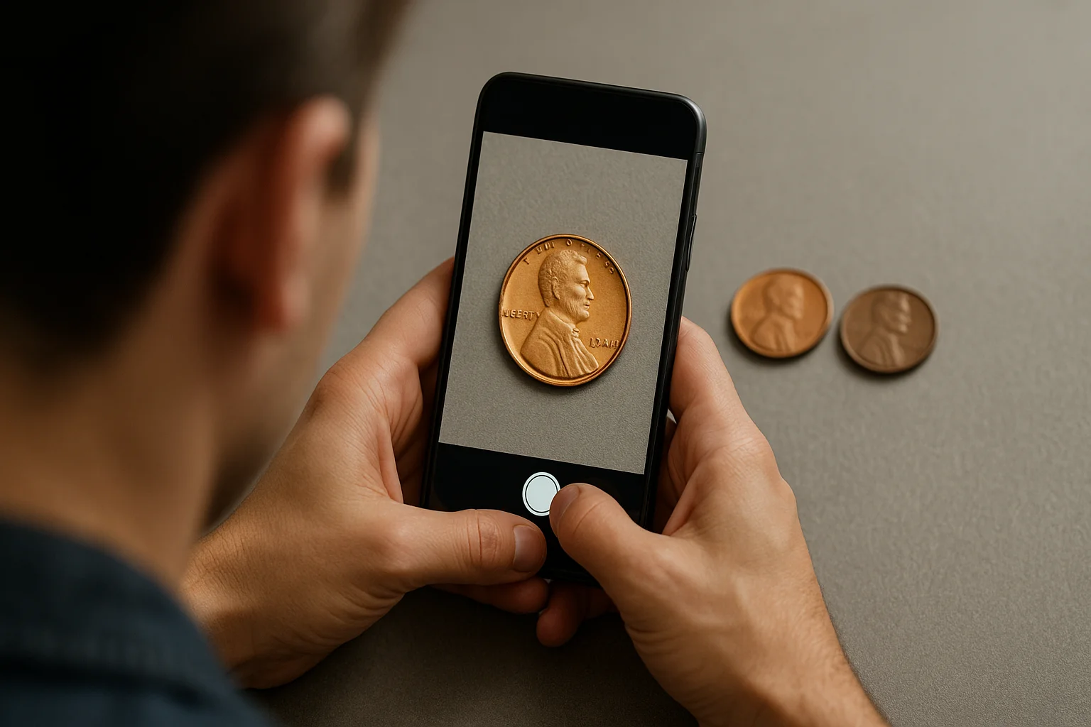 A person photographs a 1944 penny with a smartphone to dicument its surface tone and condition.